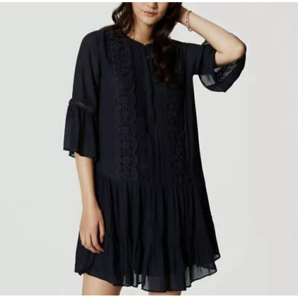 LOFT Dress Womens 12 Blue Pleated Tiered Skirt Crochet Trim Bell Sleeve Flirty